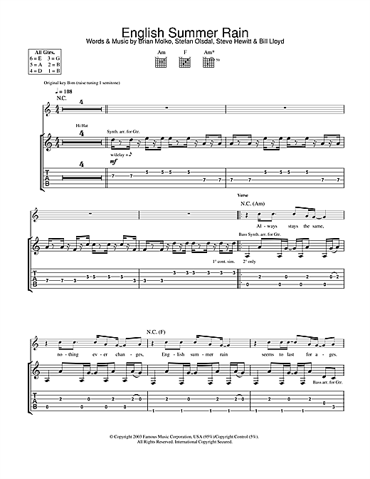 Preview Placebo English Summer Rain Pop sheet music, notes and chords for Guitar Tab, SKU: 31780 sheet music, piano notes, chords, guitar tabs, score, transpose, transcribe, how to play, guide, download, learn, tutorial, progression, song, artist, awards, billboard, mtv, vh1, tour, single, album, release