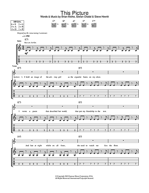 Preview Placebo This Picture Rock sheet music, notes and chords for Guitar Tab, SKU: 31781 sheet music, piano notes, chords, guitar tabs, score, transpose, transcribe, how to play, guide, download, learn, tutorial, progression, song, artist, awards, billboard, mtv, vh1, tour, single, album, release