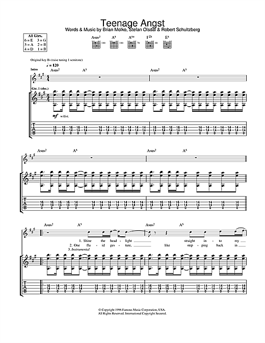 Preview Placebo Teenage Angst Rock sheet music, notes and chords for Guitar Tab, SKU: 31783 sheet music, piano notes, chords, guitar tabs, score, transpose, transcribe, how to play, guide, download, learn, tutorial, progression, song, artist, awards, billboard, mtv, vh1, tour, single, album, release