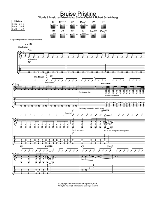 Preview Placebo Bruise Pristine Pop sheet music, notes and chords for Guitar Tab, SKU: 31784 sheet music, piano notes, chords, guitar tabs, score, transpose, transcribe, how to play, guide, download, learn, tutorial, progression, song, artist, awards, billboard, mtv, vh1, tour, single, album, release