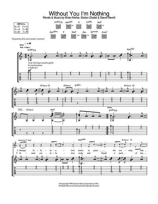 Preview Placebo Without You I'm Nothing Rock sheet music, notes and chords for Guitar Tab, SKU: 31787 sheet music, piano notes, chords, guitar tabs, score, transpose, transcribe, how to play, guide, download, learn, tutorial, progression, song, artist, awards, billboard, mtv, vh1, tour, single, album, release