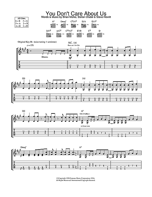 Preview Placebo You Don't Care About Us Rock sheet music, notes and chords for Guitar Tab, SKU: 31788 sheet music, piano notes, chords, guitar tabs, score, transpose, transcribe, how to play, guide, download, learn, tutorial, progression, song, artist, awards, billboard, mtv, vh1, tour, single, album, release