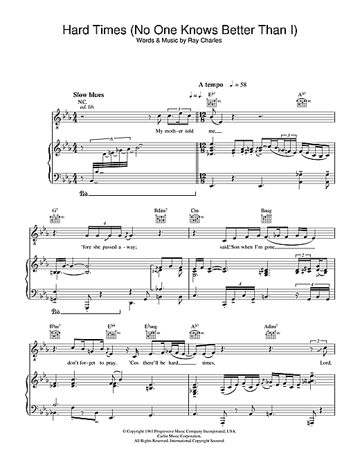 Preview Ray Charles Hard Times Soul sheet music, notes and chords for Piano, Vocal & Guitar, SKU: 31792 sheet music, piano notes, chords, guitar tabs, score, transpose, transcribe, how to play, guide, download, learn, tutorial, progression, song, artist, awards, billboard, mtv, vh1, tour, single, album, release