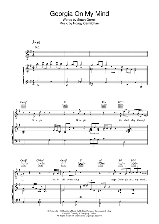Preview Ray Charles Georgia On My Mind Soul sheet music, notes and chords for Piano, Vocal & Guitar, SKU: 31793 sheet music, piano notes, chords, guitar tabs, score, transpose, transcribe, how to play, guide, download, learn, tutorial, progression, song, artist, awards, billboard, mtv, vh1, tour, single, album, release