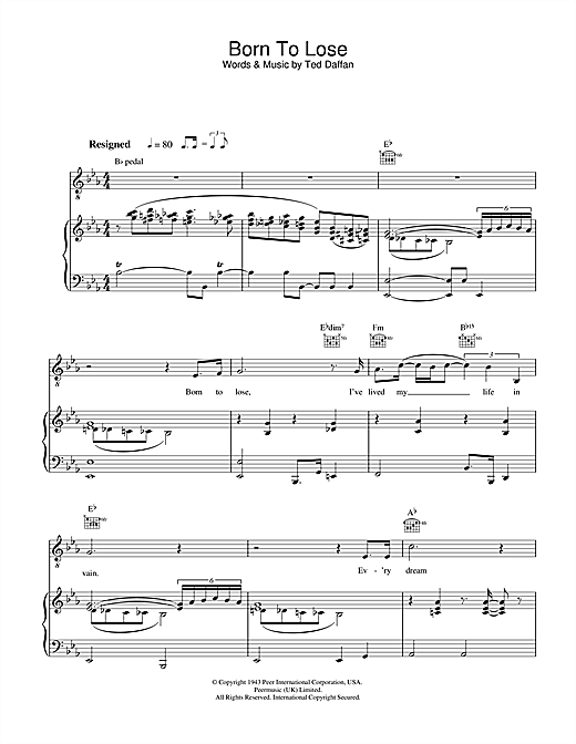 Preview Ray Charles Born To Lose Jazz sheet music, notes and chords for Piano, Vocal & Guitar, SKU: 31794 sheet music, piano notes, chords, guitar tabs, score, transpose, transcribe, how to play, guide, download, learn, tutorial, progression, song, artist, awards, billboard, mtv, vh1, tour, single, album, release
