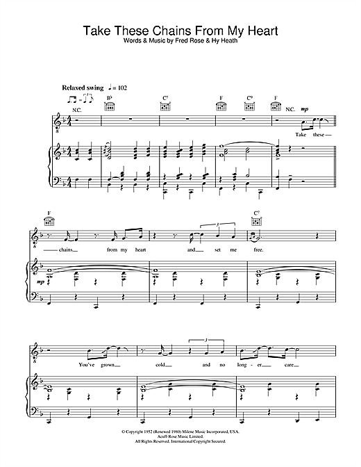 Preview Ray Charles Take These Chains From My Heart Jazz sheet music, notes and chords for Piano, Vocal & Guitar, SKU: 31797 sheet music, piano notes, chords, guitar tabs, score, transpose, transcribe, how to play, guide, download, learn, tutorial, progression, song, artist, awards, billboard, mtv, vh1, tour, single, album, release