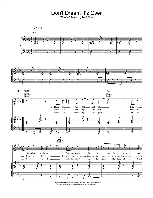 Preview Crowded House Don't Dream It's Over Rock sheet music, notes and chords for Piano, Vocal & Guitar, SKU: 31801 sheet music, piano notes, chords, guitar tabs, score, transpose, transcribe, how to play, guide, download, learn, tutorial, progression, song, artist, awards, billboard, mtv, vh1, tour, single, album, release