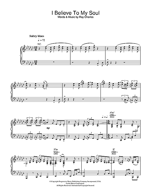 Preview Ray Charles I Believe To My Soul Soul sheet music, notes and chords for Piano, Vocal & Guitar, SKU: 31802 sheet music, piano notes, chords, guitar tabs, score, transpose, transcribe, how to play, guide, download, learn, tutorial, progression, song, artist, awards, billboard, mtv, vh1, tour, single, album, release