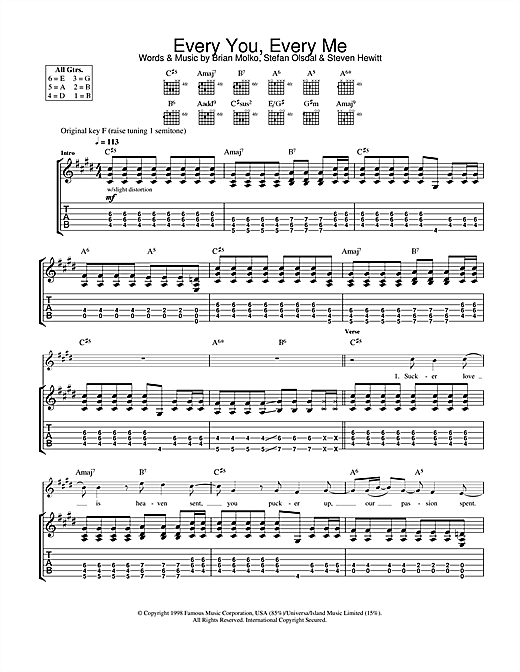Preview Placebo Every You Every Me Rock sheet music, notes and chords for Guitar Tab, SKU: 31810 sheet music, piano notes, chords, guitar tabs, score, transpose, transcribe, how to play, guide, download, learn, tutorial, progression, song, artist, awards, billboard, mtv, vh1, tour, single, album, release