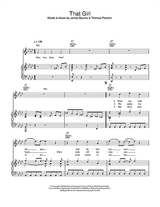 Preview McFly That Girl Pop sheet music, notes and chords for Piano, Vocal & Guitar (Right-Hand Melody), SKU: 31811 sheet music, piano notes, chords, guitar tabs, score, transpose, transcribe, how to play, guide, download, learn, tutorial, progression, song, artist, awards, billboard, mtv, vh1, tour, single, album, release