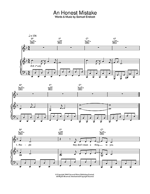 Preview The Bravery Honest Mistake Rock sheet music, notes and chords for Piano, Vocal & Guitar (Right-Hand Melody), SKU: 31828 sheet music, piano notes, chords, guitar tabs, score, transpose, transcribe, how to play, guide, download, learn, tutorial, progression, song, artist, awards, billboard, mtv, vh1, tour, single, album, release