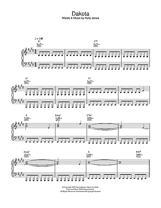 Preview Stereophonics Dakota Rock sheet music, notes and chords for Piano, Vocal & Guitar (Right-Hand Melody), SKU: 31834 sheet music, piano notes, chords, guitar tabs, score, transpose, transcribe, how to play, guide, download, learn, tutorial, progression, song, artist, awards, billboard, mtv, vh1, tour, single, album, release