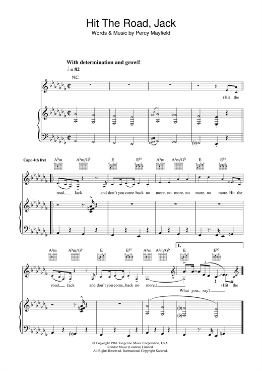 Preview Ray Charles Hit The Road Jack Soul sheet music, notes and chords for Piano, Vocal & Guitar, SKU: 31835 sheet music, piano notes, chords, guitar tabs, score, transpose, transcribe, how to play, guide, download, learn, tutorial, progression, song, artist, awards, billboard, mtv, vh1, tour, single, album, release