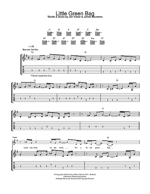 Preview George Baker Little Green Bag (from Reservoir Dogs) Rock sheet music, notes and chords for Guitar Tab, SKU: 31837 sheet music, piano notes, chords, guitar tabs, score, transpose, transcribe, how to play, guide, download, learn, tutorial, progression, song, artist, awards, billboard, mtv, vh1, tour, single, album, release