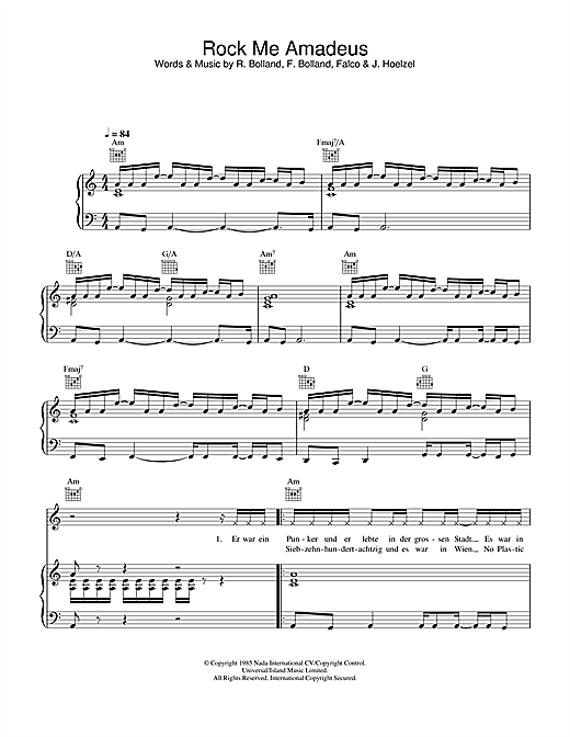 Preview Falco Rock Me Amadeus Dance sheet music, notes and chords for Piano, Vocal & Guitar, SKU: 31838 sheet music, piano notes, chords, guitar tabs, score, transpose, transcribe, how to play, guide, download, learn, tutorial, progression, song, artist, awards, billboard, mtv, vh1, tour, single, album, release