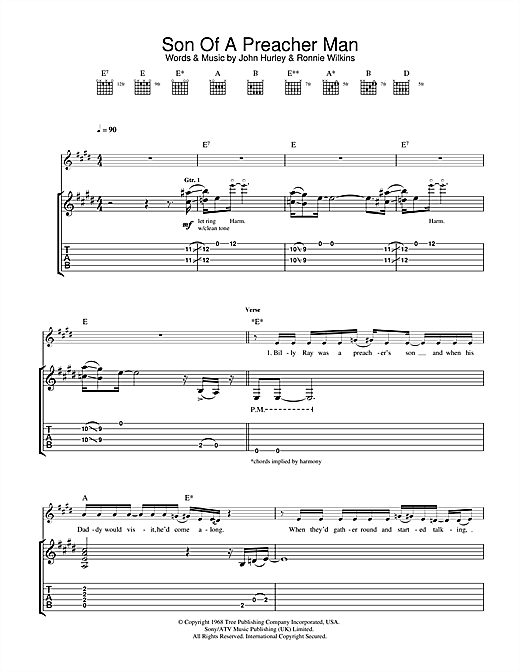 Preview Dusty Springfield Son Of A Preacher Man Film and TV sheet music, notes and chords for Guitar Tab, SKU: 31840 sheet music, piano notes, chords, guitar tabs, score, transpose, transcribe, how to play, guide, download, learn, tutorial, progression, song, artist, awards, billboard, mtv, vh1, tour, single, album, release
