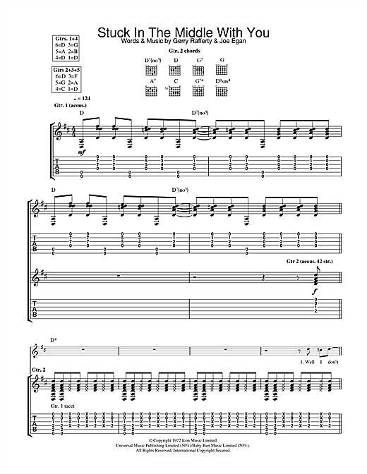 Preview Stealers Wheel Stuck In The Middle With You Rock sheet music, notes and chords for Guitar Tab, SKU: 31841 sheet music, piano notes, chords, guitar tabs, score, transpose, transcribe, how to play, guide, download, learn, tutorial, progression, song, artist, awards, billboard, mtv, vh1, tour, single, album, release