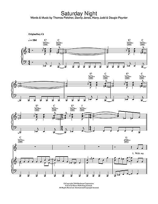 Preview McFly Saturday Night Pop sheet music, notes and chords for Piano, Vocal & Guitar (Right-Hand Melody), SKU: 31848 sheet music, piano notes, chords, guitar tabs, score, transpose, transcribe, how to play, guide, download, learn, tutorial, progression, song, artist, awards, billboard, mtv, vh1, tour, single, album, release