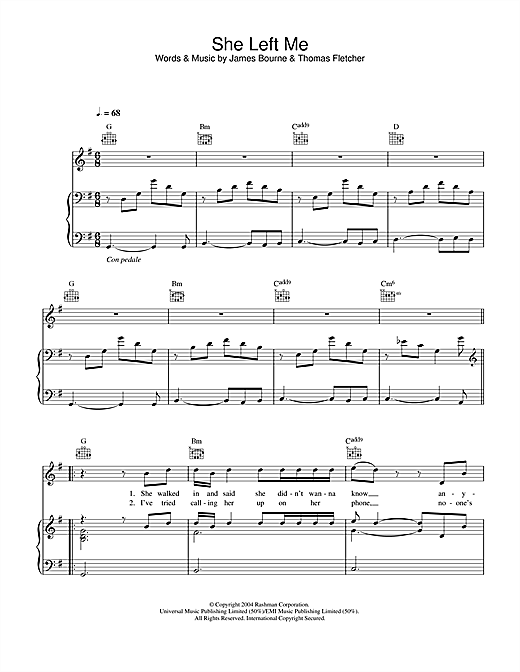 Preview McFly She Left Me Pop sheet music, notes and chords for Piano, Vocal & Guitar (Right-Hand Melody), SKU: 31850 sheet music, piano notes, chords, guitar tabs, score, transpose, transcribe, how to play, guide, download, learn, tutorial, progression, song, artist, awards, billboard, mtv, vh1, tour, single, album, release