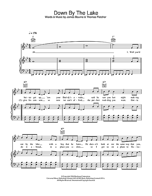 Preview McFly Down By The Lake Pop sheet music, notes and chords for Piano, Vocal & Guitar (Right-Hand Melody), SKU: 31851 sheet music, piano notes, chords, guitar tabs, score, transpose, transcribe, how to play, guide, download, learn, tutorial, progression, song, artist, awards, billboard, mtv, vh1, tour, single, album, release