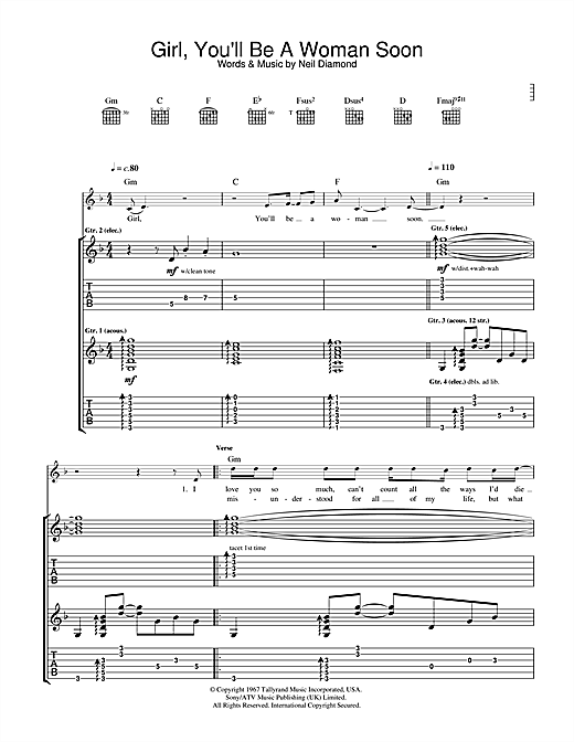 Preview Urge Overkill Girl, You'll Be A Woman Soon (from Pulp Fiction) Rock sheet music, notes and chords for Guitar Tab, SKU: 31858 sheet music, piano notes, chords, guitar tabs, score, transpose, transcribe, how to play, guide, download, learn, tutorial, progression, song, artist, awards, billboard, mtv, vh1, tour, single, album, release