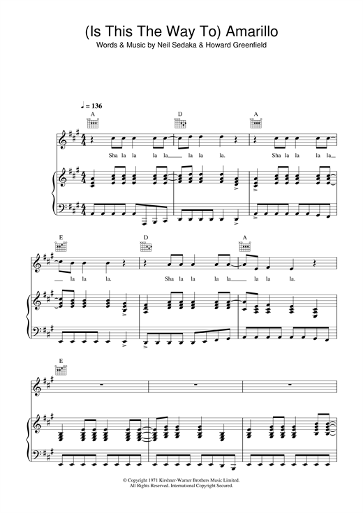 Preview Tony Christie (Is This The Way To) Amarillo (feat. Peter Kay) Easy Listening sheet music, notes and chords for Piano, Vocal & Guitar (Right-Hand Melody), SKU: 31859 sheet music, piano notes, chords, guitar tabs, score, transpose, transcribe, how to play, guide, download, learn, tutorial, progression, song, artist, awards, billboard, mtv, vh1, tour, single, album, release