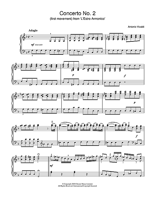Preview Antonio Vivaldi Concerto No.2 (1st Movement: Adagio) from ‘L'Estro Armonico' Op.3 Classical sheet music, notes and chords for Piano, SKU: 31876 sheet music, piano notes, chords, guitar tabs, score, transpose, transcribe, how to play, guide, download, learn, tutorial, progression, song, artist, awards, billboard, mtv, vh1, tour, single, album, release
