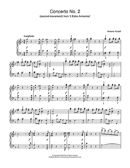 Preview Antonio Vivaldi Concerto No.2 (2nd Movement: Larghetto) from ‘L'Estro Armonico' Op.3 Classical sheet music, notes and chords for Piano, SKU: 31877 sheet music, piano notes, chords, guitar tabs, score, transpose, transcribe, how to play, guide, download, learn, tutorial, progression, song, artist, awards, billboard, mtv, vh1, tour, single, album, release