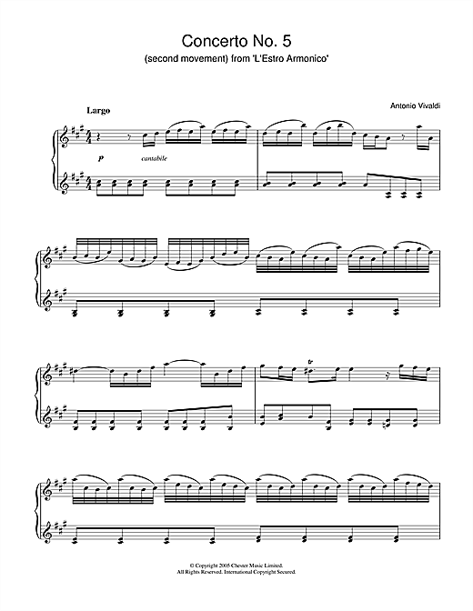 Preview Antonio Vivaldi Concerto No.5 (2nd Movement: Largo) from ‘L'Estro Armonico' Op.3 Classical sheet music, notes and chords for Piano, SKU: 31878 sheet music, piano notes, chords, guitar tabs, score, transpose, transcribe, how to play, guide, download, learn, tutorial, progression, song, artist, awards, billboard, mtv, vh1, tour, single, album, release