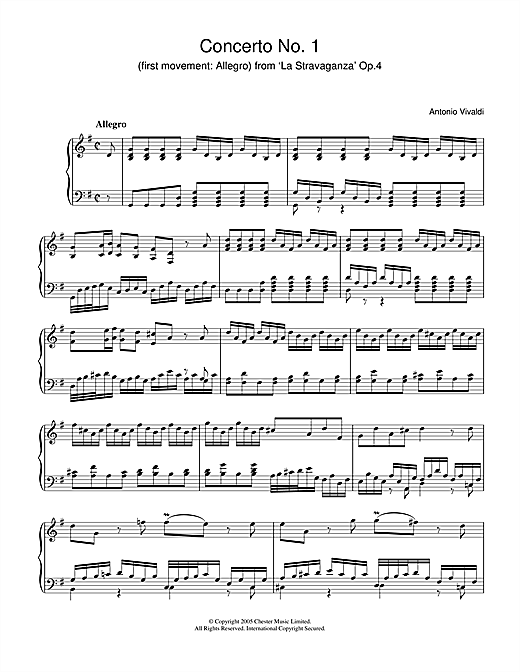 Preview Antonio Vivaldi Concerto No.1 (1st Movement: Allegro) from ‘La Stravaganza' Op.4 Classical sheet music, notes and chords for Piano, SKU: 31880 sheet music, piano notes, chords, guitar tabs, score, transpose, transcribe, how to play, guide, download, learn, tutorial, progression, song, artist, awards, billboard, mtv, vh1, tour, single, album, release