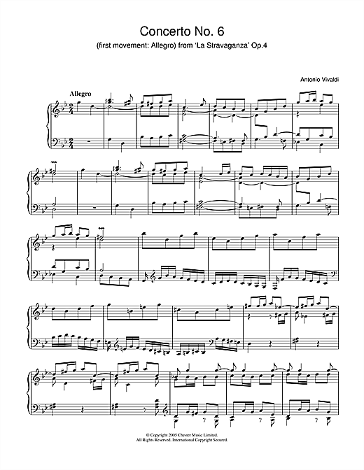 Preview Antonio Vivaldi Concerto No.6 (1st Movement: Allegro) from ‘La Stravaganza' Op.4 Classical sheet music, notes and chords for Piano, SKU: 31881 sheet music, piano notes, chords, guitar tabs, score, transpose, transcribe, how to play, guide, download, learn, tutorial, progression, song, artist, awards, billboard, mtv, vh1, tour, single, album, release