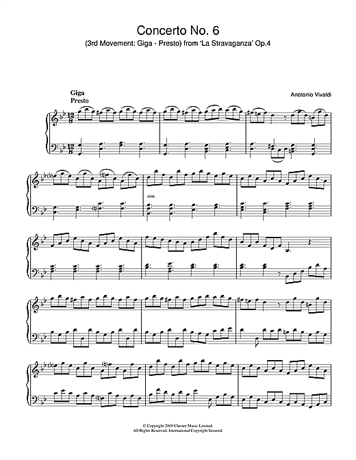 Preview Antonio Vivaldi Concerto No.6 (3rd Movement: Giga, Presto) from ‘La Stravaganza' Op.4 Classical sheet music, notes and chords for Piano, SKU: 31882 sheet music, piano notes, chords, guitar tabs, score, transpose, transcribe, how to play, guide, download, learn, tutorial, progression, song, artist, awards, billboard, mtv, vh1, tour, single, album, release