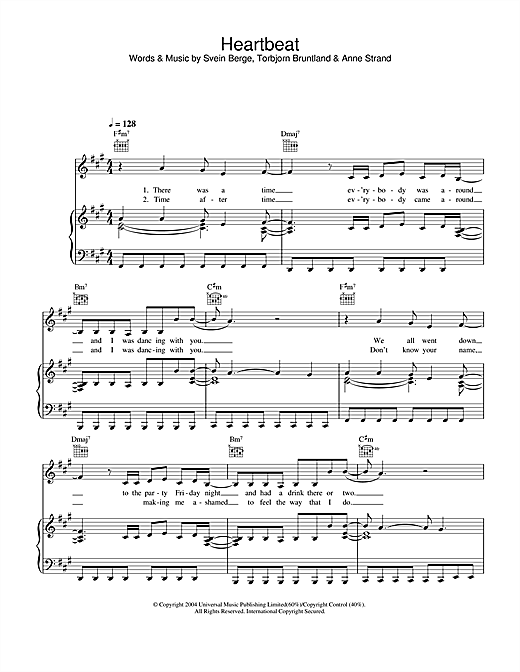 Preview Annie My Heartbeat Pop sheet music, notes and chords for Piano, Vocal & Guitar (Right-Hand Melody), SKU: 31906 sheet music, piano notes, chords, guitar tabs, score, transpose, transcribe, how to play, guide, download, learn, tutorial, progression, song, artist, awards, billboard, mtv, vh1, tour, single, album, release