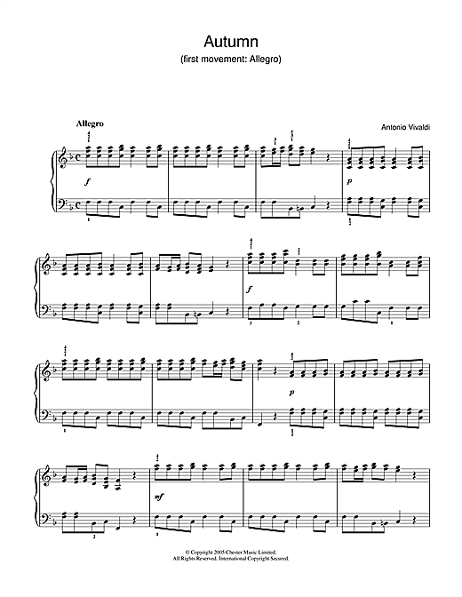 Preview Antonio Vivaldi Autumn (1st Movement: Allegro) Classical sheet music, notes and chords for Piano, SKU: 31908 sheet music, piano notes, chords, guitar tabs, score, transpose, transcribe, how to play, guide, download, learn, tutorial, progression, song, artist, awards, billboard, mtv, vh1, tour, single, album, release
