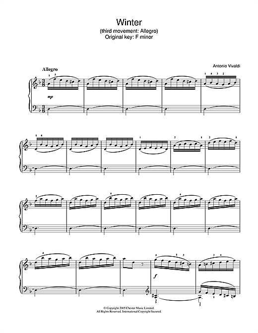 Preview Antonio Vivaldi Winter from The Four Seasons (Third movement: Allegro) Classical sheet music, notes and chords for Piano, SKU: 31911 sheet music, piano notes, chords, guitar tabs, score, transpose, transcribe, how to play, guide, download, learn, tutorial, progression, song, artist, awards, billboard, mtv, vh1, tour, single, album, release