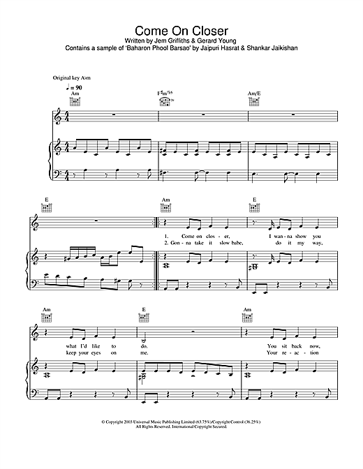 Preview Jem Come On Closer Pop sheet music, notes and chords for Piano, Vocal & Guitar (Right-Hand Melody), SKU: 31918 sheet music, piano notes, chords, guitar tabs, score, transpose, transcribe, how to play, guide, download, learn, tutorial, progression, song, artist, awards, billboard, mtv, vh1, tour, single, album, release