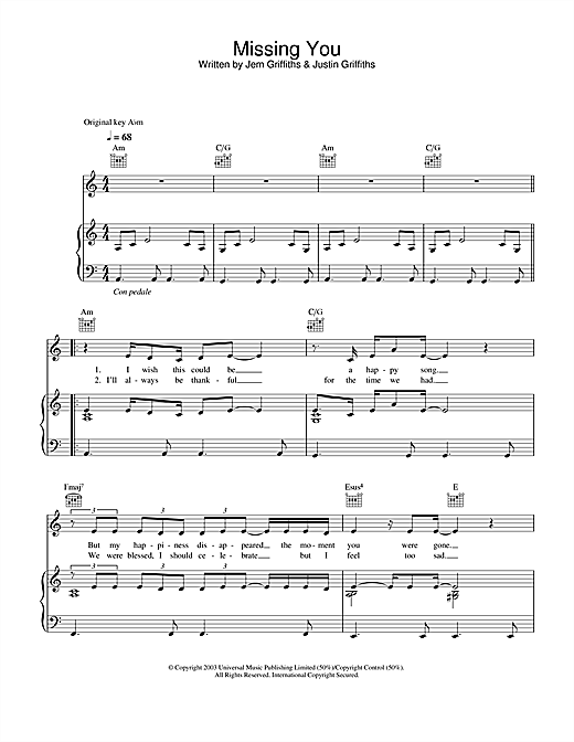 Preview Jem Missing You Pop sheet music, notes and chords for Piano, Vocal & Guitar (Right-Hand Melody), SKU: 31922 sheet music, piano notes, chords, guitar tabs, score, transpose, transcribe, how to play, guide, download, learn, tutorial, progression, song, artist, awards, billboard, mtv, vh1, tour, single, album, release