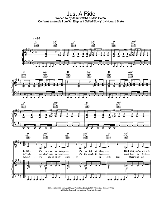 Preview Jem Just A Ride Pop sheet music, notes and chords for Piano, Vocal & Guitar (Right-Hand Melody), SKU: 31924 sheet music, piano notes, chords, guitar tabs, score, transpose, transcribe, how to play, guide, download, learn, tutorial, progression, song, artist, awards, billboard, mtv, vh1, tour, single, album, release