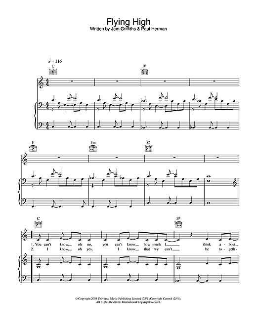 Preview Jem Flying High Pop sheet music, notes and chords for Piano, Vocal & Guitar (Right-Hand Melody), SKU: 31927 sheet music, piano notes, chords, guitar tabs, score, transpose, transcribe, how to play, guide, download, learn, tutorial, progression, song, artist, awards, billboard, mtv, vh1, tour, single, album, release