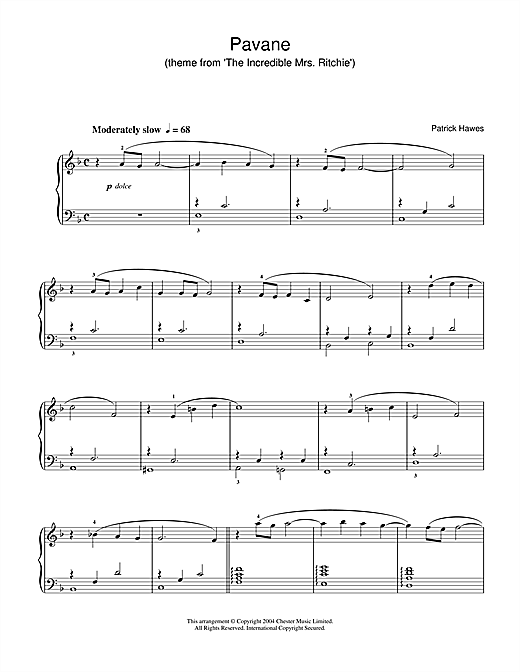 Preview Patrick Hawes Pavane (theme from The Incredible Mrs Ritchie) Classical sheet music, notes and chords for Piano, SKU: 31931 sheet music, piano notes, chords, guitar tabs, score, transpose, transcribe, how to play, guide, download, learn, tutorial, progression, song, artist, awards, billboard, mtv, vh1, tour, single, album, release