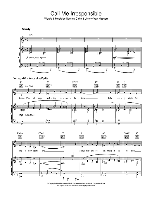 Preview Frank Sinatra Call Me Irresponsible Jazz sheet music, notes and chords for Piano, Vocal & Guitar (Right-Hand Melody), SKU: 31935 sheet music, piano notes, chords, guitar tabs, score, transpose, transcribe, how to play, guide, download, learn, tutorial, progression, song, artist, awards, billboard, mtv, vh1, tour, single, album, release
