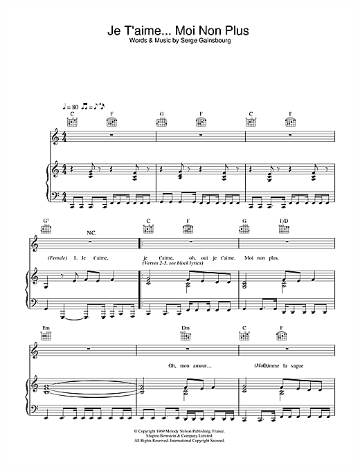 Preview Jane Birkin & Serge Gainsbourg Je t'aime... moi non plus Jazz sheet music, notes and chords for Piano, Vocal & Guitar (Right-Hand Melody), SKU: 31938 sheet music, piano notes, chords, guitar tabs, score, transpose, transcribe, how to play, guide, download, learn, tutorial, progression, song, artist, awards, billboard, mtv, vh1, tour, single, album, release