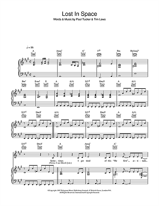 Preview The Lighthouse Family Lost In Space Pop sheet music, notes and chords for Piano, Vocal & Guitar (Right-Hand Melody), SKU: 31939 sheet music, piano notes, chords, guitar tabs, score, transpose, transcribe, how to play, guide, download, learn, tutorial, progression, song, artist, awards, billboard, mtv, vh1, tour, single, album, release