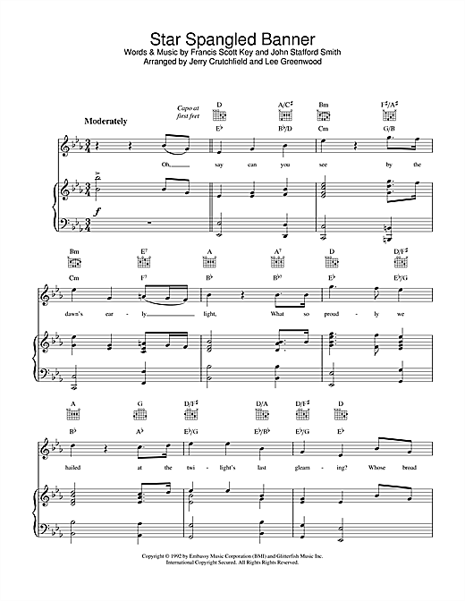 Preview Lee Greenwood The Star Spangled Banner American sheet music, notes and chords for Piano, Vocal & Guitar (Right-Hand Melody), SKU: 31941 sheet music, piano notes, chords, guitar tabs, score, transpose, transcribe, how to play, guide, download, learn, tutorial, progression, song, artist, awards, billboard, mtv, vh1, tour, single, album, release