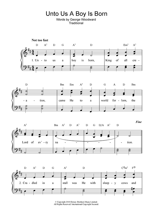Preview Christmas Carol Unto Us A Boy Is Born Traditional sheet music, notes and chords for Piano, Vocal & Guitar (Right-Hand Melody), SKU: 31943 sheet music, piano notes, chords, guitar tabs, score, transpose, transcribe, how to play, guide, download, learn, tutorial, progression, song, artist, awards, billboard, mtv, vh1, tour, single, album, release