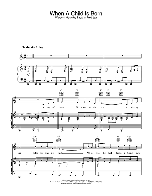 Preview Fred Jay When A Child Is Born Christmas sheet music, notes and chords for Piano, Vocal & Guitar (Right-Hand Melody), SKU: 31944 sheet music, piano notes, chords, guitar tabs, score, transpose, transcribe, how to play, guide, download, learn, tutorial, progression, song, artist, awards, billboard, mtv, vh1, tour, single, album, release