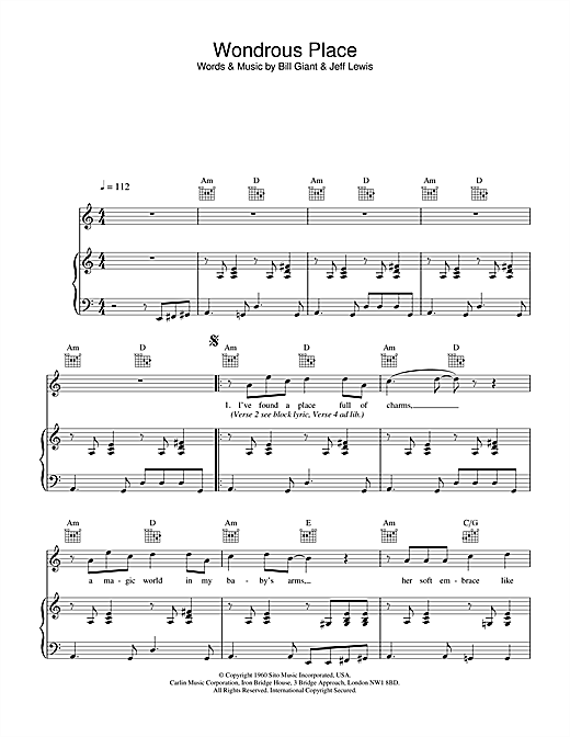 Preview Billy Fury Wondrous Place Pop sheet music, notes and chords for Piano, Vocal & Guitar, SKU: 31945 sheet music, piano notes, chords, guitar tabs, score, transpose, transcribe, how to play, guide, download, learn, tutorial, progression, song, artist, awards, billboard, mtv, vh1, tour, single, album, release