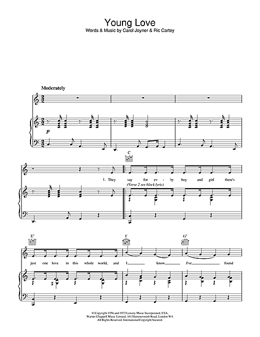 Preview Carol Joyner Young Love Pop sheet music, notes and chords for Piano, Vocal & Guitar (Right-Hand Melody), SKU: 31947 sheet music, piano notes, chords, guitar tabs, score, transpose, transcribe, how to play, guide, download, learn, tutorial, progression, song, artist, awards, billboard, mtv, vh1, tour, single, album, release