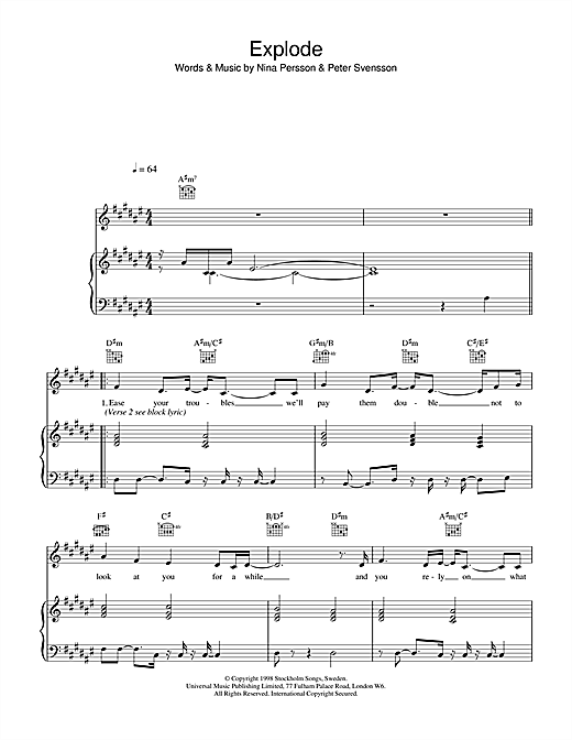 Preview The Cardigans Explode Rock sheet music, notes and chords for Piano, Vocal & Guitar, SKU: 31948 sheet music, piano notes, chords, guitar tabs, score, transpose, transcribe, how to play, guide, download, learn, tutorial, progression, song, artist, awards, billboard, mtv, vh1, tour, single, album, release