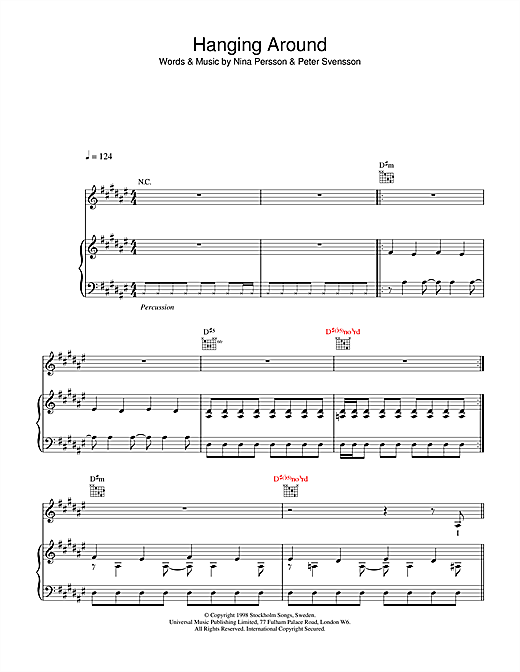 Preview The Cardigans Hanging Around Rock sheet music, notes and chords for Piano, Vocal & Guitar, SKU: 31949 sheet music, piano notes, chords, guitar tabs, score, transpose, transcribe, how to play, guide, download, learn, tutorial, progression, song, artist, awards, billboard, mtv, vh1, tour, single, album, release